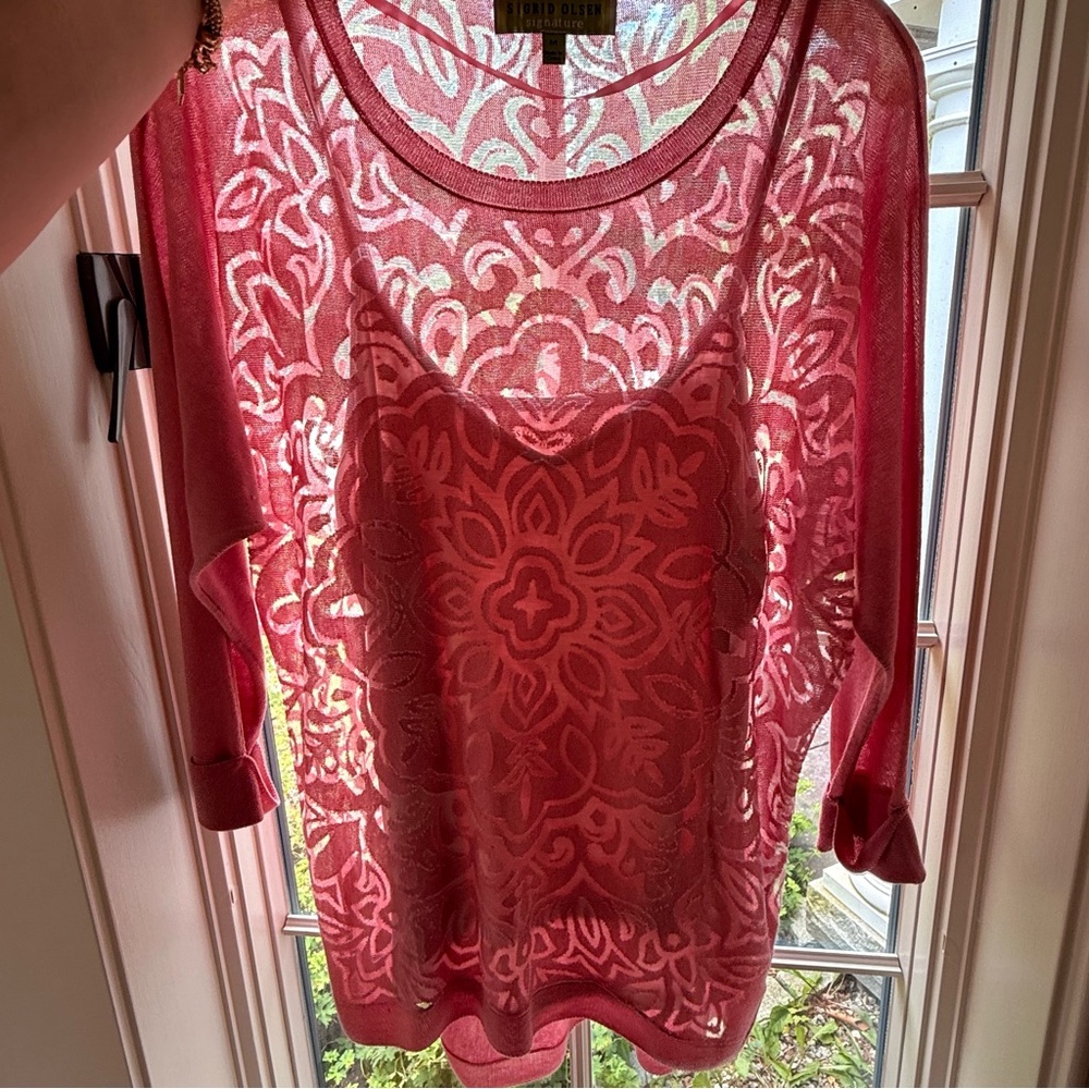 Sigrid Olsen Pink Floral Lace Transparent Blouse with Seperate Liner Tank Top - Picture 7 of 14